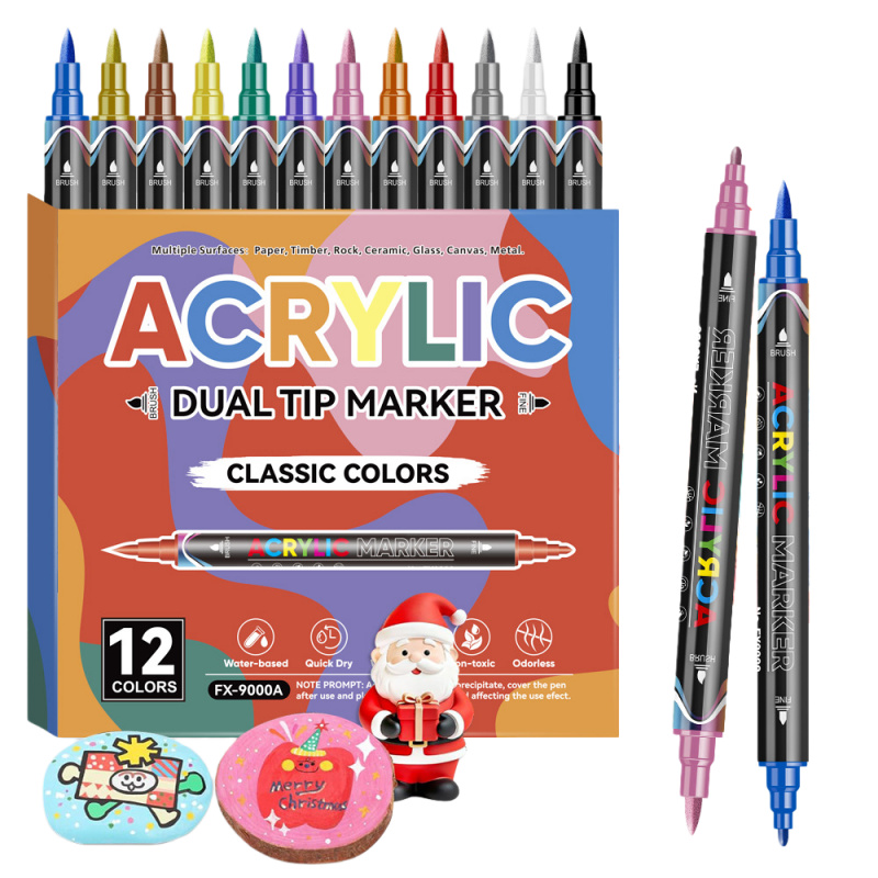 Correction Pen Fine - ปากกาสีอะคริลิค หัวคู่ แบบพู่กันและหัวแหลม สีโทนผิว/มาการอง/เมทัลลิก สำหรับระบายสีบนหิน ผ้าใบ