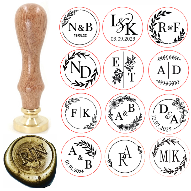 Wax Seal Stamp Set - ตราประทับขี้ผึ้งทองเหลืองแบบกำหนดเอง พร้อมพวงหรีดประดับอักษรย่อ 2 ตัว สไตล์วินเทจ ใช้ซ้ำได้สำหรับงาน